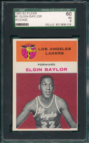 1961-62 Fleer BSKT #03 Elgin Baylor, Rookie, SGC 60