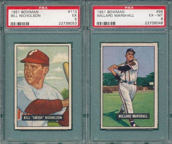 1951 Bowman #113 Nicholson & #98 Marshall , Lot of (2) PSA 