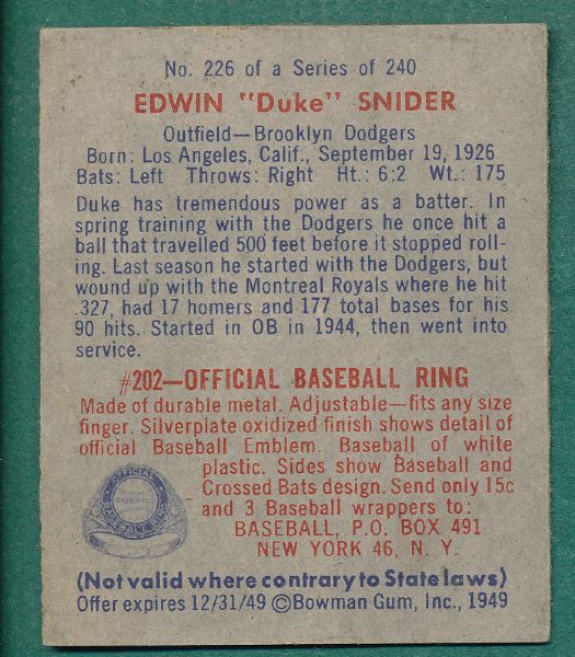 1949 Bowman #226 Duke Snider, *Rookie, Hi #*