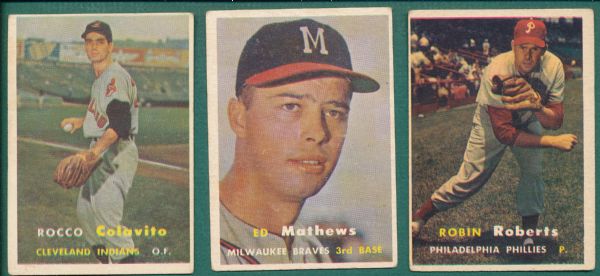 1957 Topps #212 Colavito, Rookie, #250 Mathews & #15 Roberts Lot of (3)