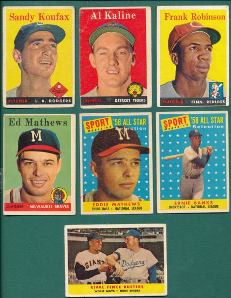 1958 Topps Lot of (9) HOFers W/ Mays, Clemente & Koufax