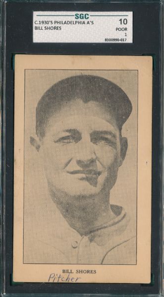 1930's Philadelphia A's Shores & Walberg (2) Card Lot SGC 