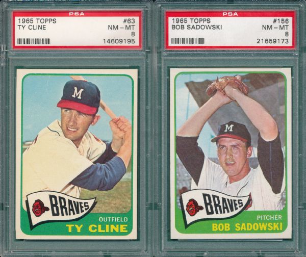 1965 Topps #63 Cline & #156 Sadowski, Braves, (2) Card Lot PSA 8