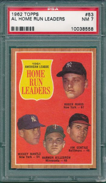 1962 Topps #53 AL Home Run Leaders W/ Mantle PSA 7