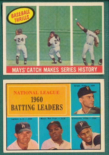 1959 Topps #464 Mays Catch & 1961 #41 NL Batting Leaders W/ Mays, Clemente (2) Card Lot