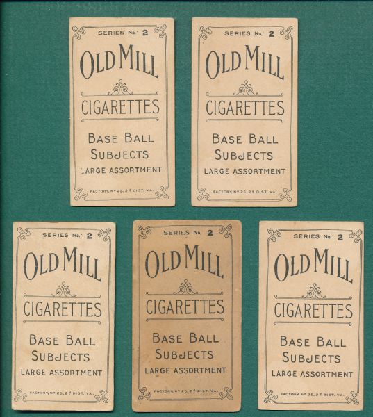 1910 T210-2  Lot of (5) W/ Cefalo, Old Mill Cigarettes 