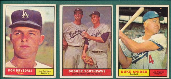 1961 Topps (3) Card Lot of Dodgers W/#207 Koufax, #260 Drysdale & #443 Snider