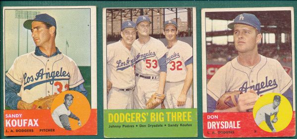 1963 Topps Lot of (3) Dodgers W/ Koufax