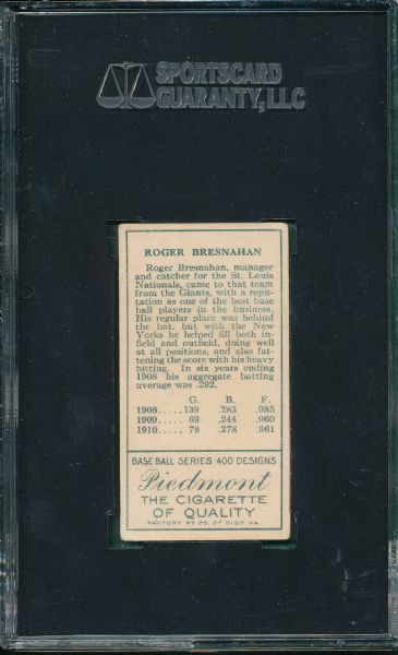 1911 T205 Bresnahan, Mouth Closed Piedmont Cigarettes SGC 40