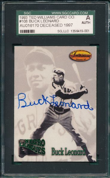 1993 Ted Williams Card Co., #108 Buck Leonard, Autographed Card SGC Authentic
