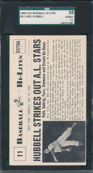 1960 CVC Baseball Hi-Lites #11 Carl Hubbell SGC 35