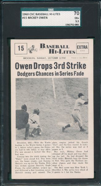 1960 CVC Baseball Hi-Lites #15 Mickey Owen SGC 70