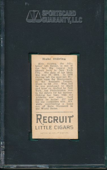 1912 T207 Rube Oldring Recruit Little Cigars SGC 60