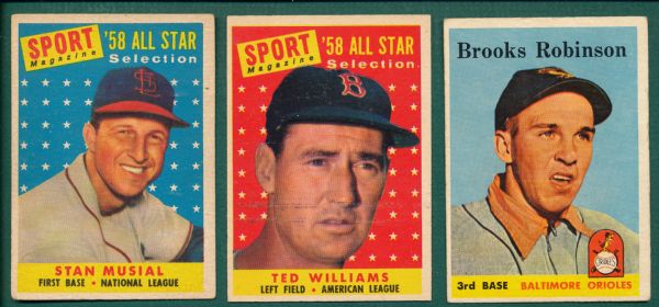 1958 Topps #307 B Robinson, #485 Ted Williams AS & #476 Stan Musial AS Lot of (3)