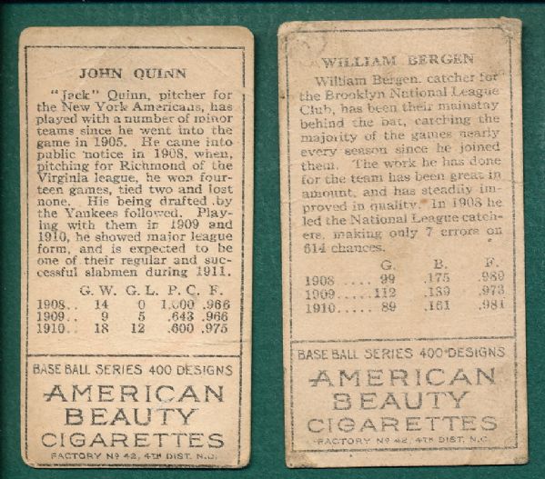 1911 T205 Bergen & Quinn American Beauty Cigarettes (2) Card Lot