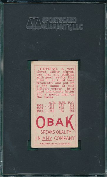 1911 T212-3 Hetling Obak Cigarettes SGC 40