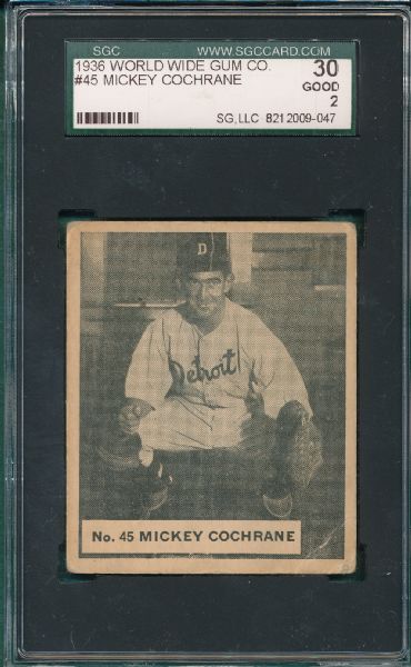 1936 World Wide Gum #45 Mickey Cochrane SGC 30