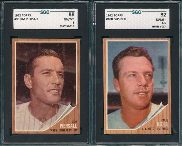1962 Topps #90 Jim Piersall SGC 88 & #408 Gus Bell SGC 82, Lot of (2)