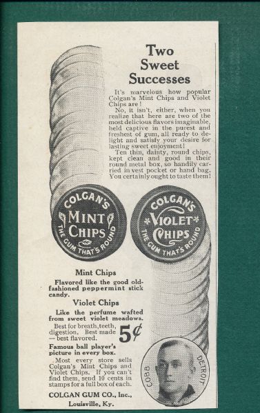 1910 Colgan Chips Ad Piece W/ Ty Cobb