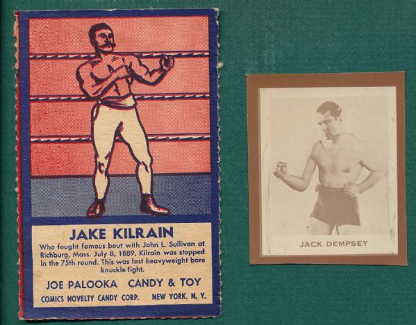 1930s Boxing Ray-O Print Jack Dempsey & 1950s Jake Kilrain, Joe Palooka Candy, (2) Card Lot