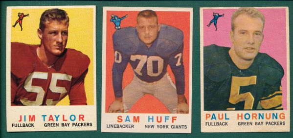 1959 Topps FB #51 Huff, #82 Hornung & #155 Jim Taylor, Rookie (3) Card Lot