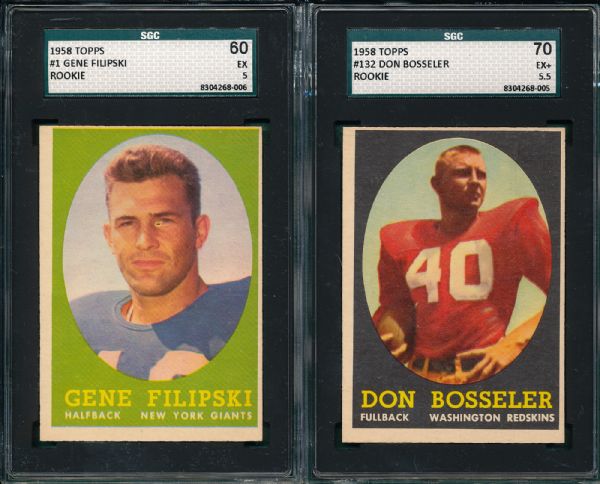 1958 Topps FB #1 Filipski & #132 Bossier (2) Card Lot SGC