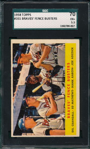 1958 Topps #351 Braves Fence Busters W/ Aaron & Mathews SGC 70