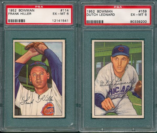 1952 Bowman #114 Hiller & #159 Leonard (2) Card Lot PSA 6
