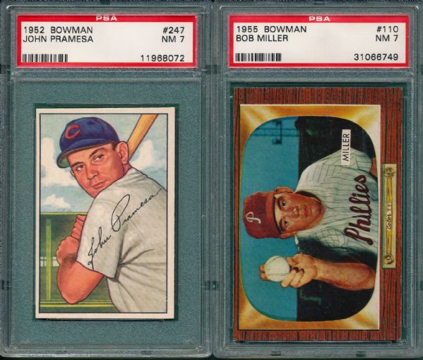 1952 Bowman #247 Pramesa & 1955 Bowman #110 Miller (2) Card Lot PSA 7