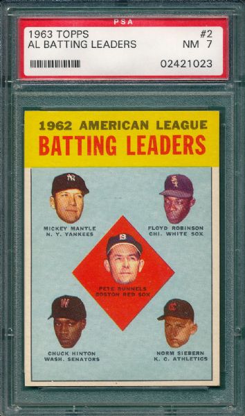 1963 Topps #2 AL Batting Leaders W/ Mantle PSA 7