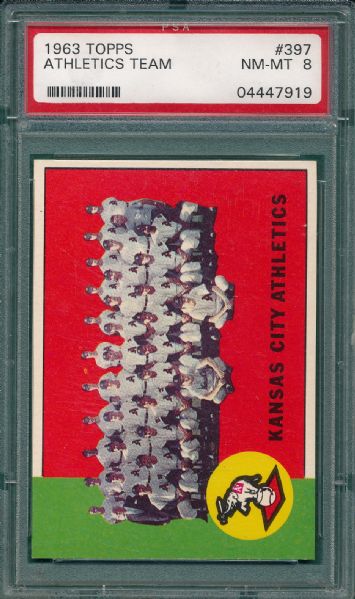1963 Topps #397 Athletics Team PSA 8