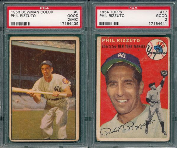 1953 Bowman Color #9 PSA 2 (MK) & 1954 Topps #17 PSA 2, Phil Rizzuto Lot of (2)