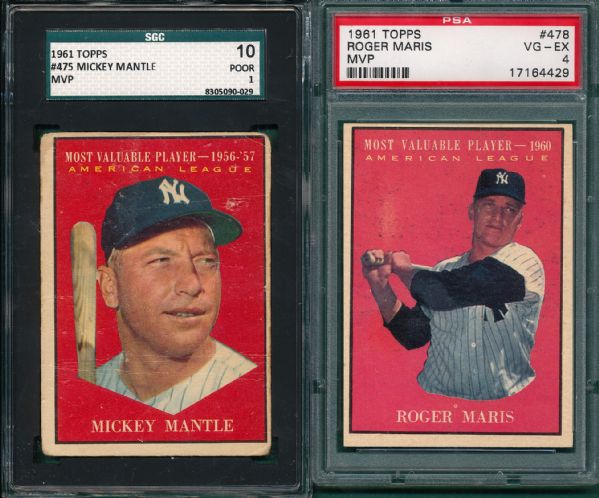 1961 Topps MVP Cards #475 Mantle & #478 Maris (2) Card Lot PSA & SGC