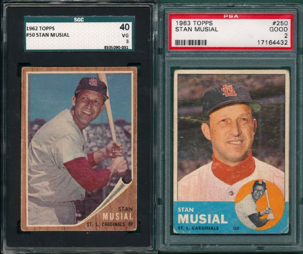1962 Topps #50 Stan Musial SGC 40 & 1963 #250 Musial PSA 2, Lot of (2) SGC & PSA