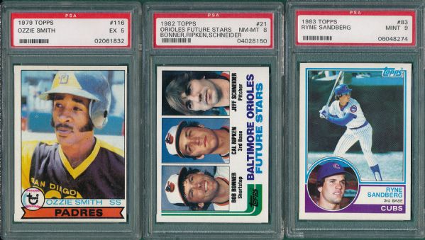 1979-83 Topps Ozzie Smith, Cal Ripken & Sanberg, Lot of (3) Rookie Cards PSA