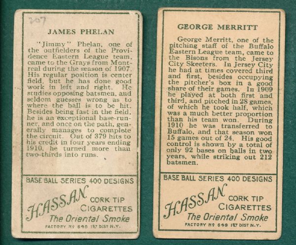 1911 T205 Merritt & Phelan Hassan Cigarettes (2) Card Lot