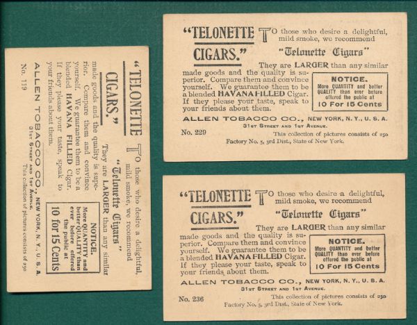 1903 Telonette Cigars, Allen Tobacco Co (3) Card Lot