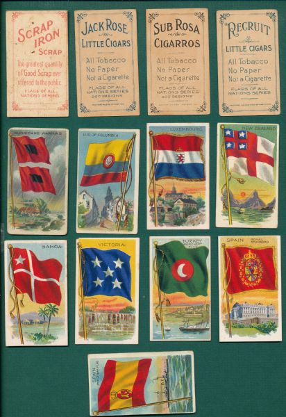 1909-11 T59 Flags W/ Scrap Iron, Sub Rosa, Jack Rose & Recriut Backs (13) Card Lot