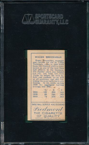 1911 T205 Bresnahan, Mouth Open, Piedmont Cigarettes SGC 10