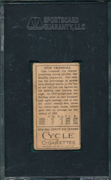 1911 T205 Crandall, T Crossed, Cycle Cigarettes SGC 40
