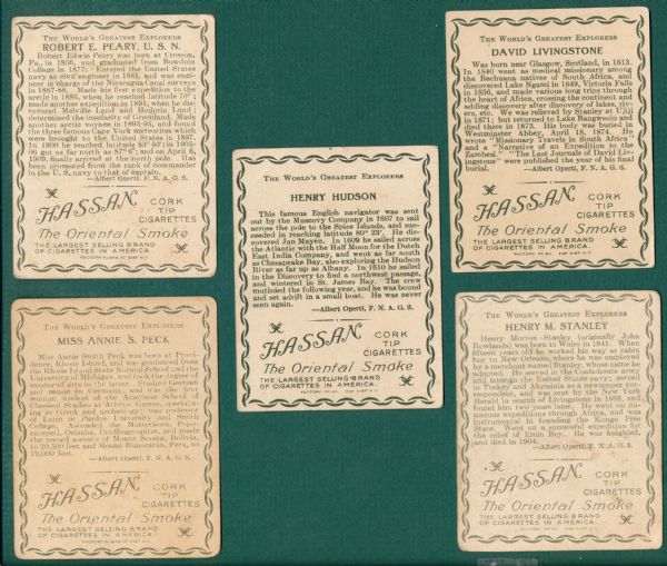 1910 T118 World's Greatest Explorers Hassan Cigarettes Lot of (5) 