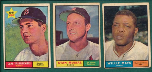 1961 Topps Mays, Musial & Yastrzemski (3) Card Lot