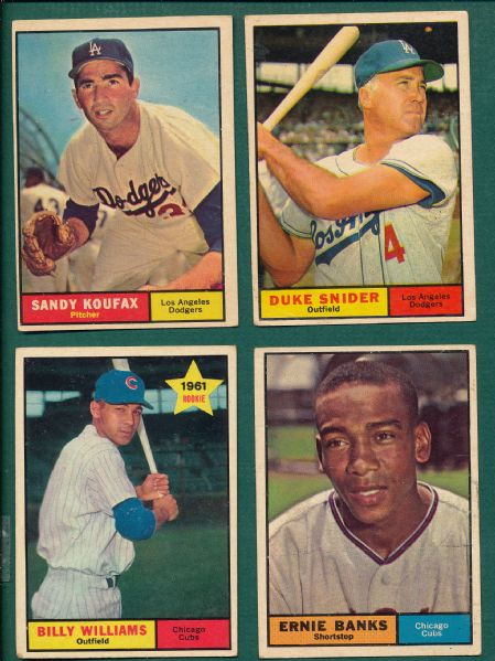 1961 Topps Koufax, Snider, Banks & Billy Williams, Rookie,(4) Card Lot