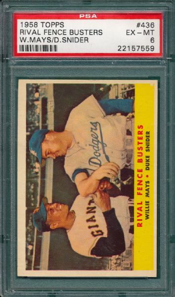 1958 Topps #436 Rival Fence Busters W/ Mays & Snider, PSA 6