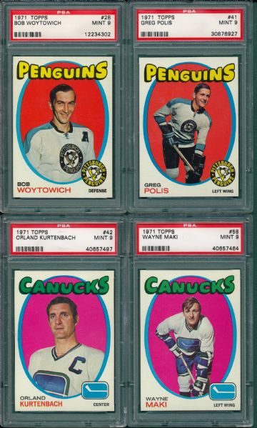 1971-72 Topps Hockey Lot of (4), Penguins & Canucks, PSA 9