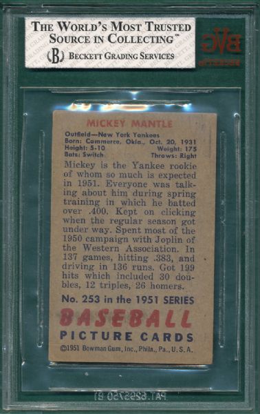 1951 Bowman #253 Mickey Mantle BVG 4 *Rookie*