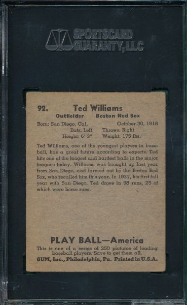 1939 Play Ball #92 Ted Williams SGC 50 *Rookie*