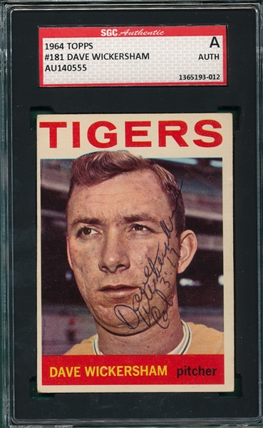 1964 Topps Dave Wickersham Autographed Card, SGC Authentic 