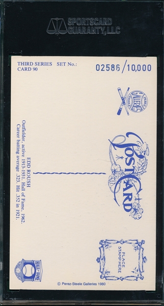 Perez-Steele Post Card Edd Roush, Signed SGC Authentic