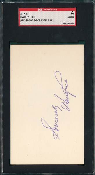 Autographed 3X5 Card, Harry Rice, Signed SGC Authentic 